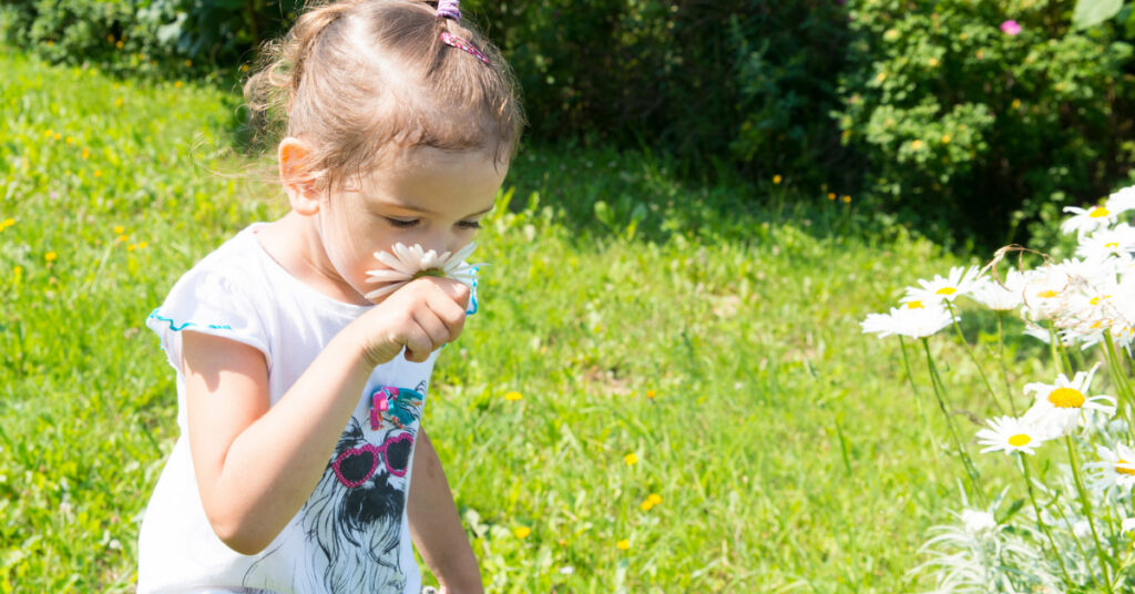 A young girl on a lawn picks flowers on a sunny day.