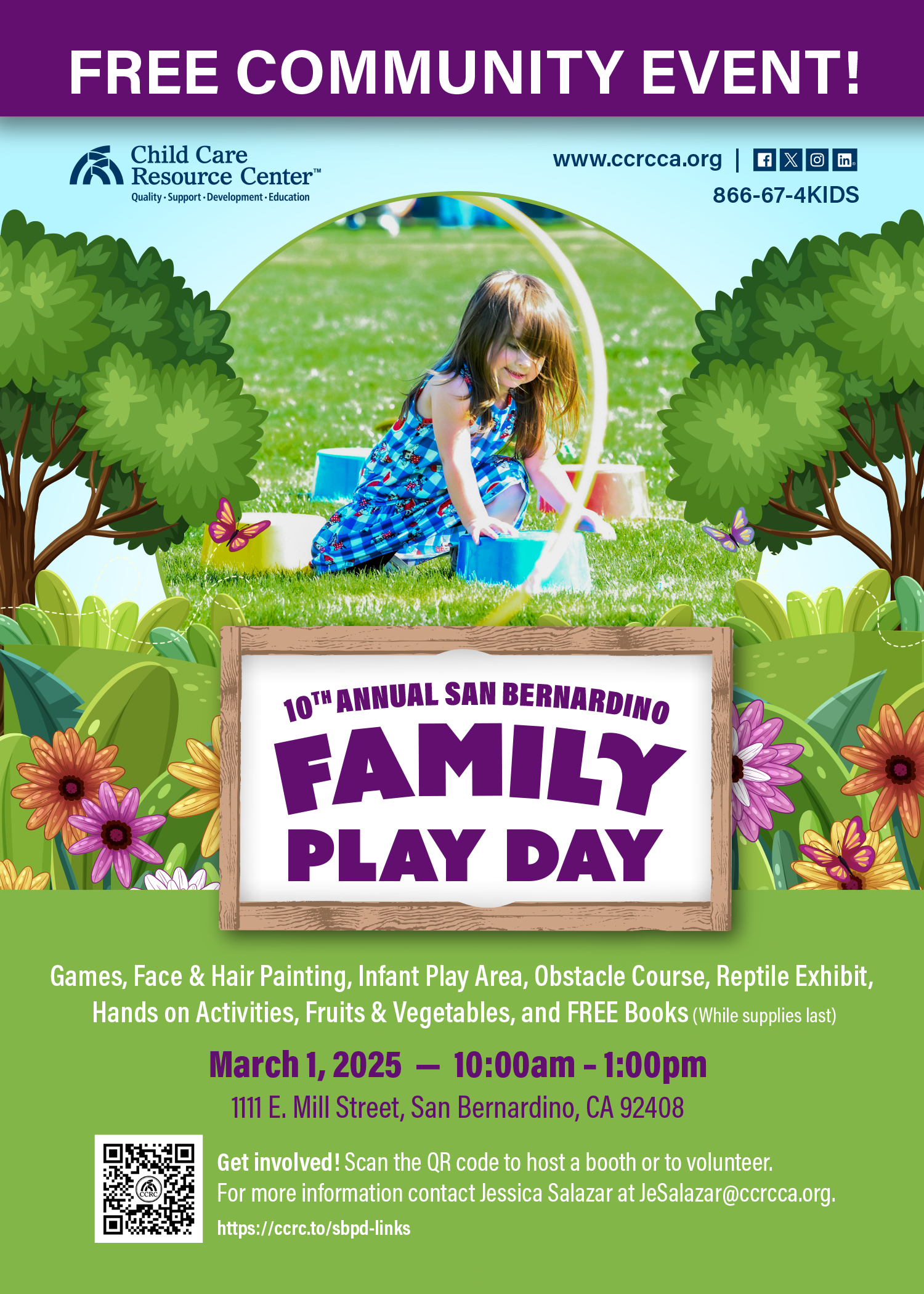 Postcard titled Family Play Day; Text: Saturday, March 1, 2025; 10am-1pm; 1111 E. Mill St. San Bernardino