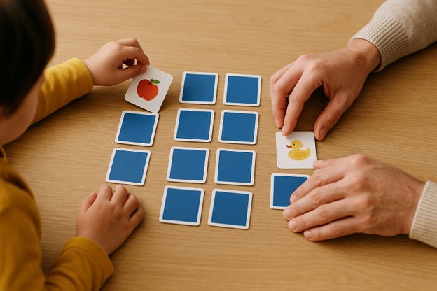 Child and adult playing a memory card game at a table, with face-down cards and two turned over showing an apple and a rubber duck.